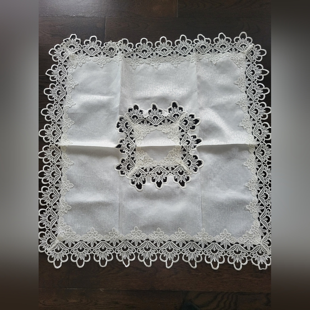 Pristine Vintage White Lace Square Table Topper.